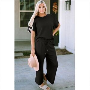 Black, Texture short sleeve top and pant set, plus size 3xl